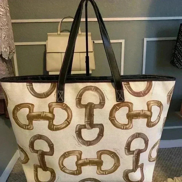 Gucci Vintage Tote Bag Canvas Leather Horsebit Logo  Pattern Beige and Brown. - Picture 6 of 15